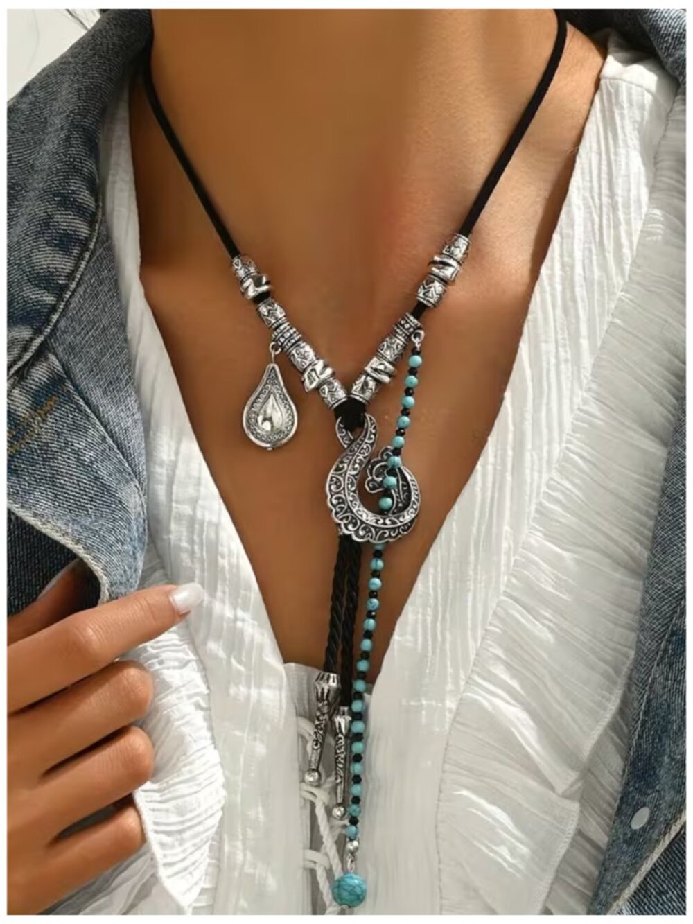 Vintage Bohemian Turquoise Bead Statement Lariat Necklace Western Boho Silver De